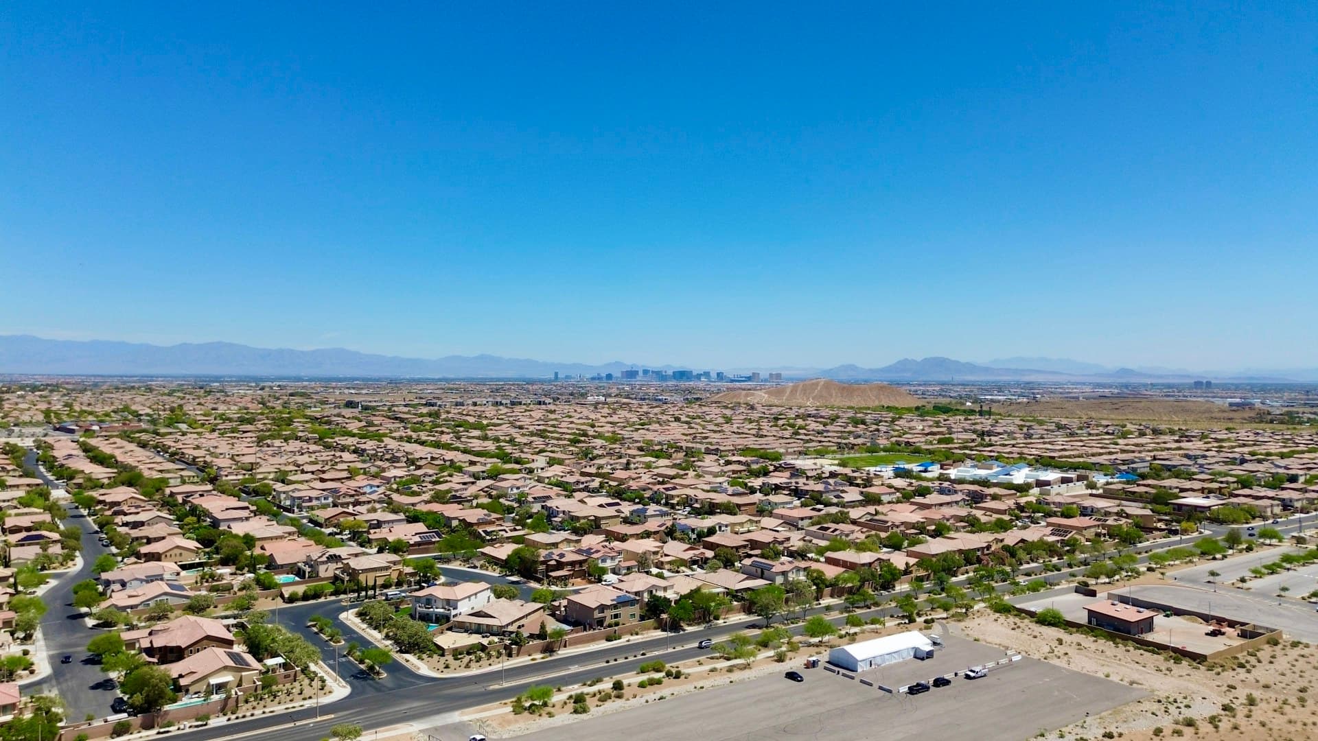 Aerial view of a desert neighborhood in the Las Vegas Valley